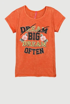 Girls Acid Wash Dream Big Rose Graphic Tee, Orange, Size 7-8