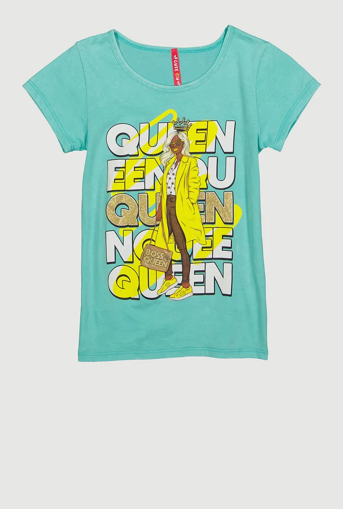 Girls Boss Queen Glitter Graphic Tee, Green, Size 10-12