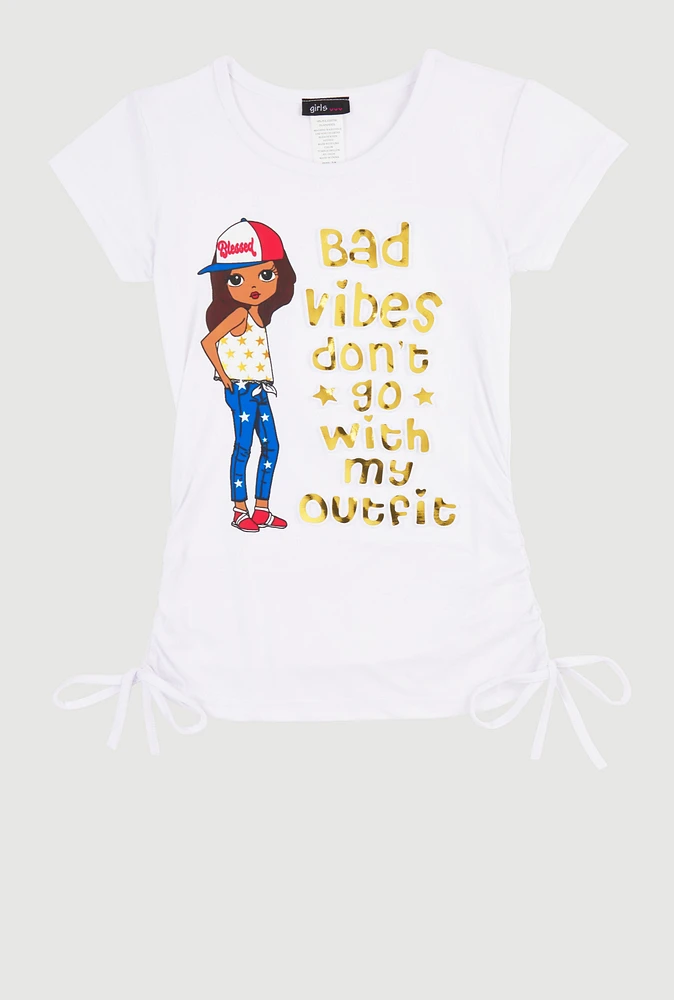 Girls 3D Foil Graphic Ruched Top, White, Size 7-8
