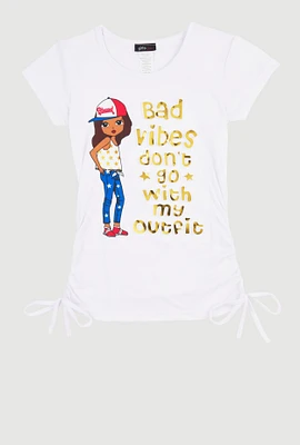 Girls 3D Foil Graphic Ruched Top, White, Size 7-8