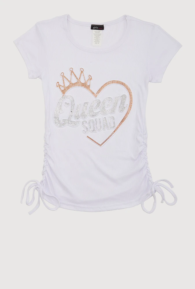 Girls 3D Rhinestone Queen Squad Graphic Top, White, Size 7-8