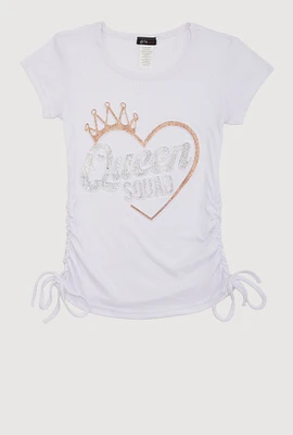Girls 3D Rhinestone Queen Squad Graphic Top, White, Size 7-8