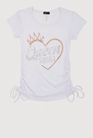 Girls 3D Rhinestone Queen Squad Graphic Top, White, Size 7-8