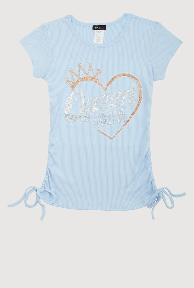 Girls 3D Rhinestone Queen Squad Graphic Top, Blue, Size 10-12