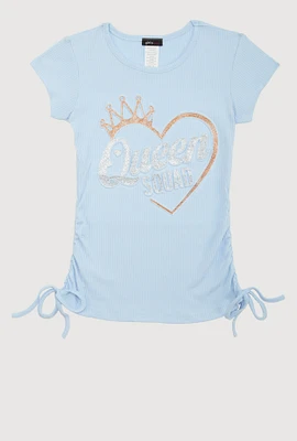 Girls 3D Rhinestone Queen Squad Graphic Top, Blue, Size 10-12