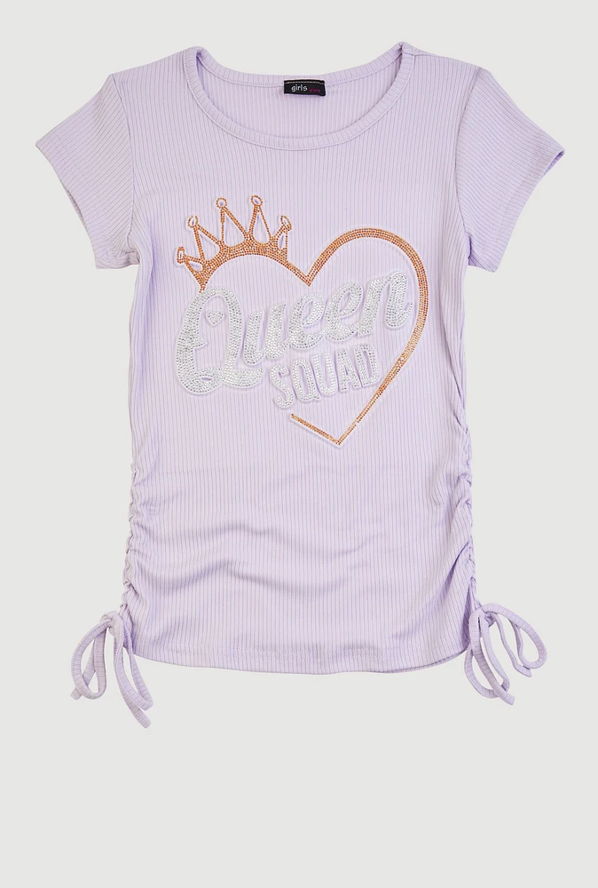 Girls 3D Rhinestone Queen Squad Graphic Top, Purple,