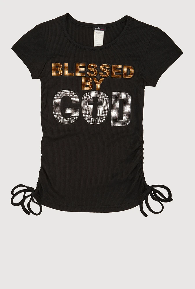 Girls 3D Rhinestone Blessed Graphic Top, Black, Size 10-12