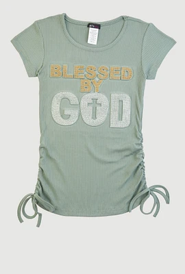 Girls 3D Rhinestone Blessed Graphic Top, Green, Size 7-8