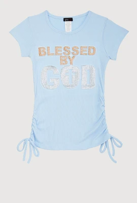 Girls 3D Rhinestone Blessed Graphic Top, Blue, Size 7-8