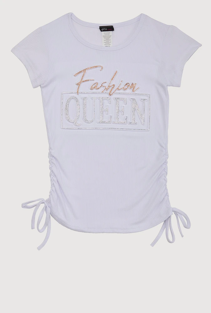 Girls 3D Fashion Queen Rhinestone Graphic Top, White, Size 7-8