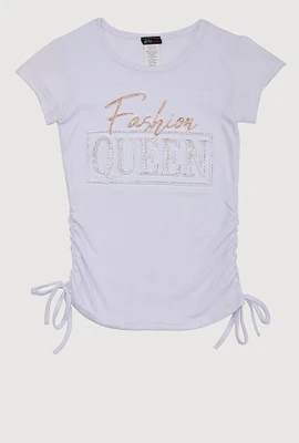 Girls 3D Fashion Queen Rhinestone Graphic Top, White, Size 7-8