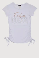 Girls 3D Fashion Queen Rhinestone Graphic Top, White, Size 7-8