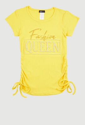Girls 3D Fashion Queen Rhinestone Graphic Top, Yellow, Size 7-8