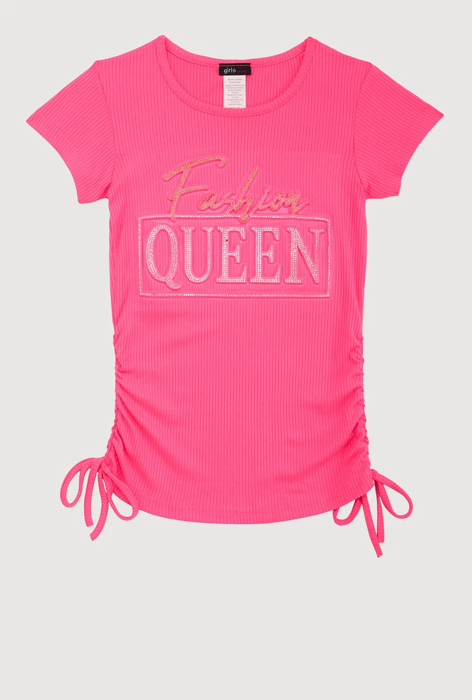 Girls 3D Fashion Queen Rhinestone Graphic Top,