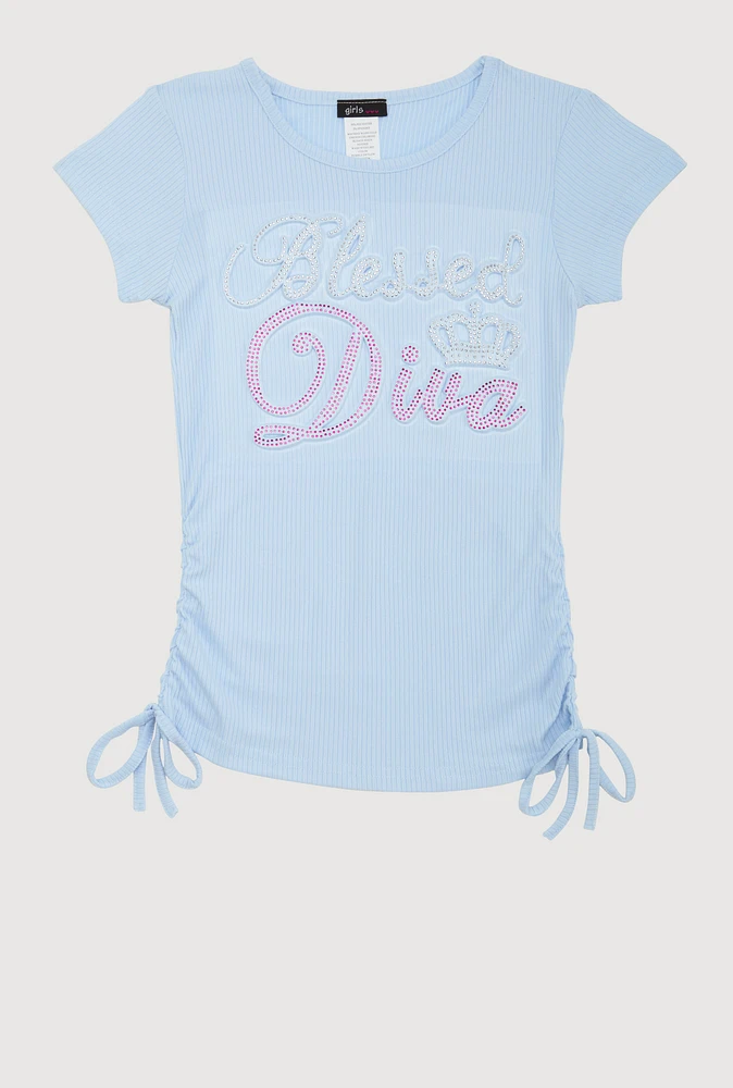 Girls Rhinestone Blessed Diva 3D Graphic Top, 7-8