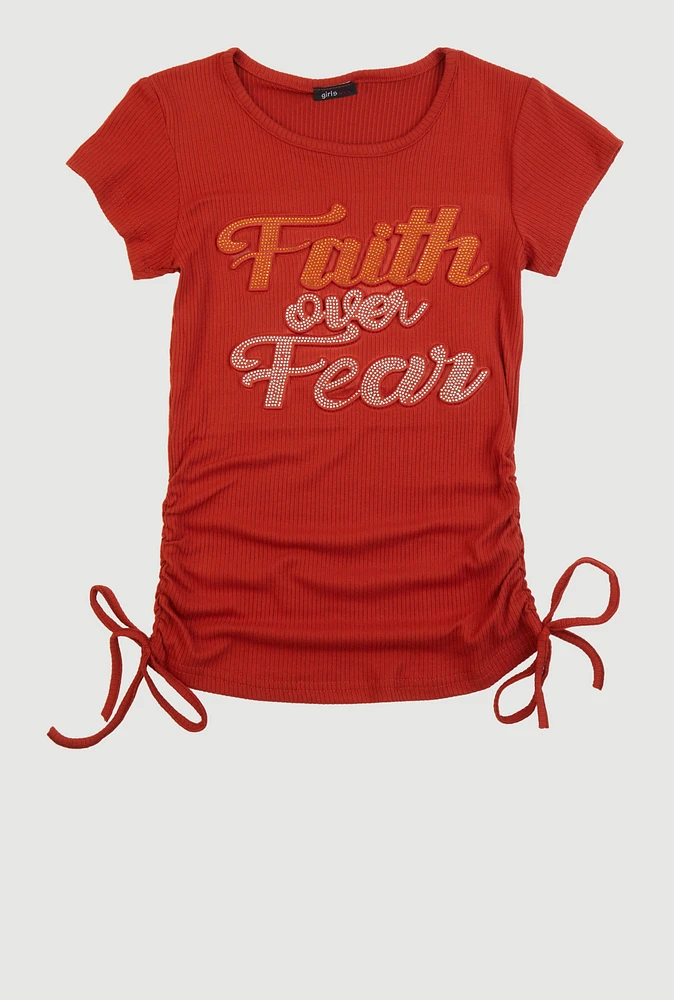 Girls 3D Faith Over Fear Graphic Top, Orange, Size 7-8