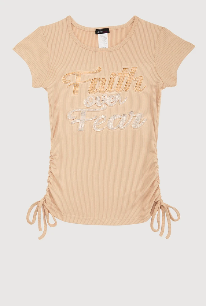 Girls 3D Faith Over Fear Graphic Top, Beige, Size 7-8