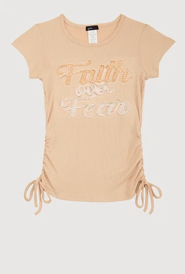 Girls 3D Faith Over Fear Graphic Top, Beige, Size 7-8