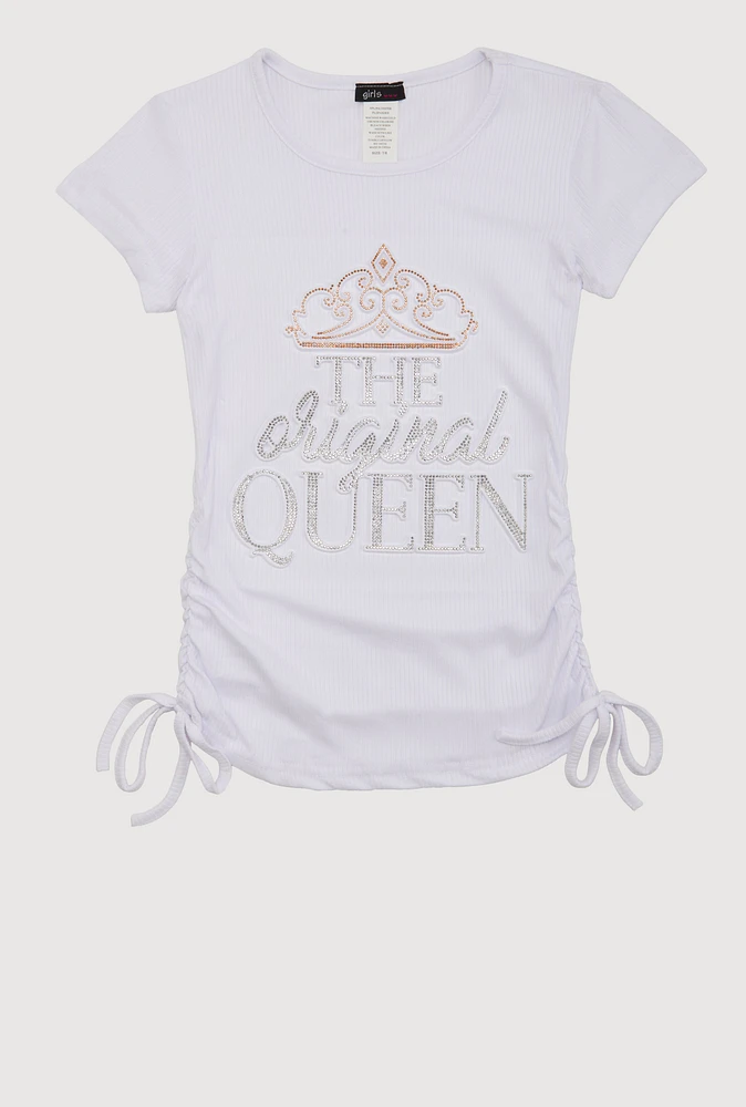 Girls Rhinestone The Original Queen 3D Graphic Top, White, Size 14-16