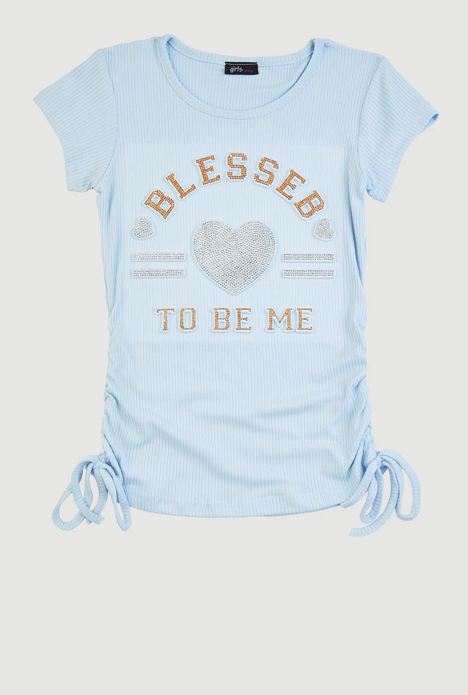 Girls 3D Rhinestone Heart Graphic Top, Blue,