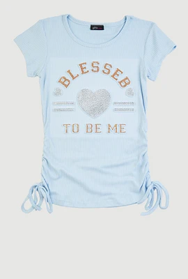 Girls 3D Rhinestone Heart Graphic Top, Blue,