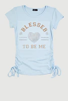 Girls 3D Rhinestone Heart Graphic Top, Blue,