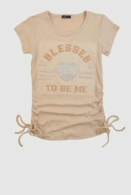 Girls 3D Rhinestone Heart Graphic Top, Beige, Size 7-8