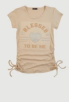 Girls 3D Rhinestone Heart Graphic Top, Beige, Size 7-8