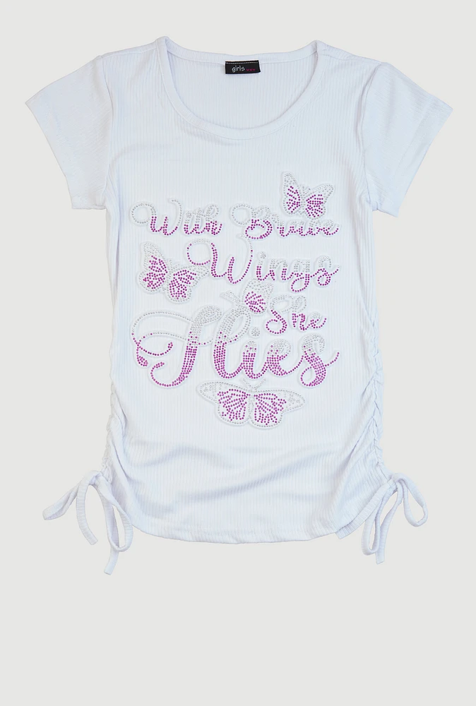 Girls 3D Butterfly Rhinestone Graphic Top, White, Size 7-8