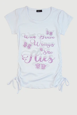 Girls 3D Butterfly Rhinestone Graphic Top, White, Size 7-8