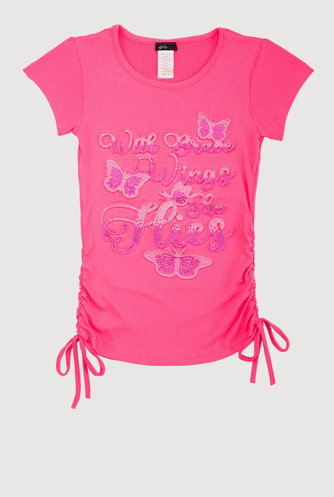 Girls 3D Butterfly Rhinestone Graphic Top,