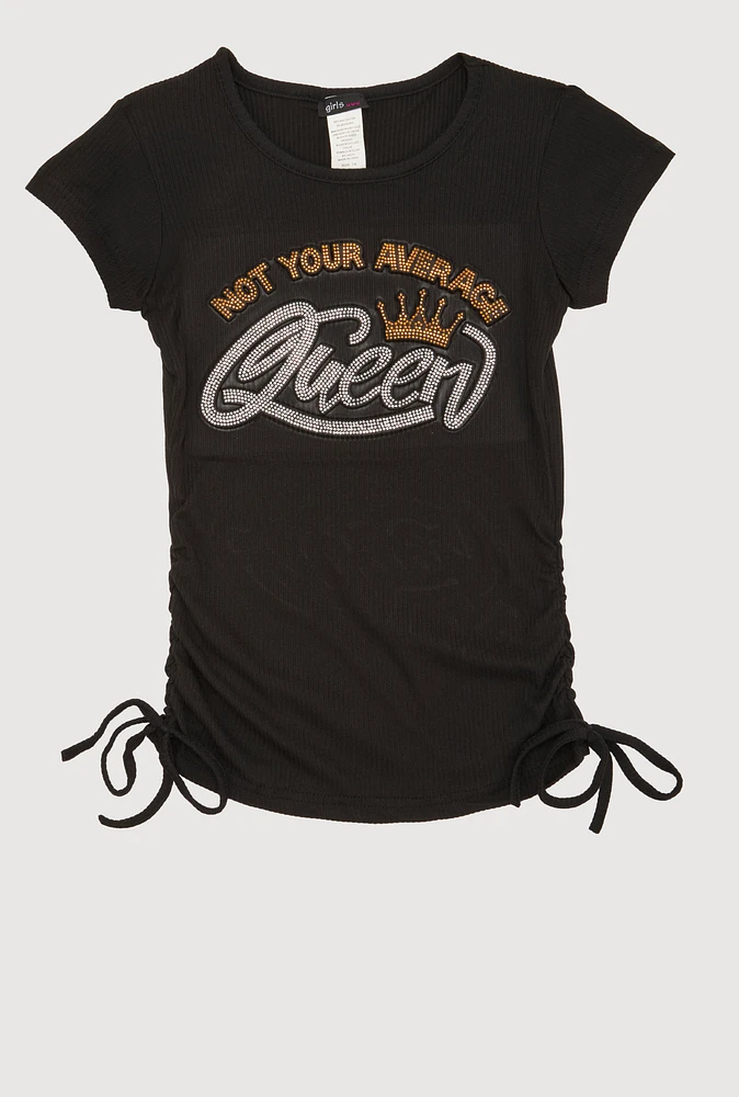 Girls 3D Rhinestone Queen Graphic Top, Black,