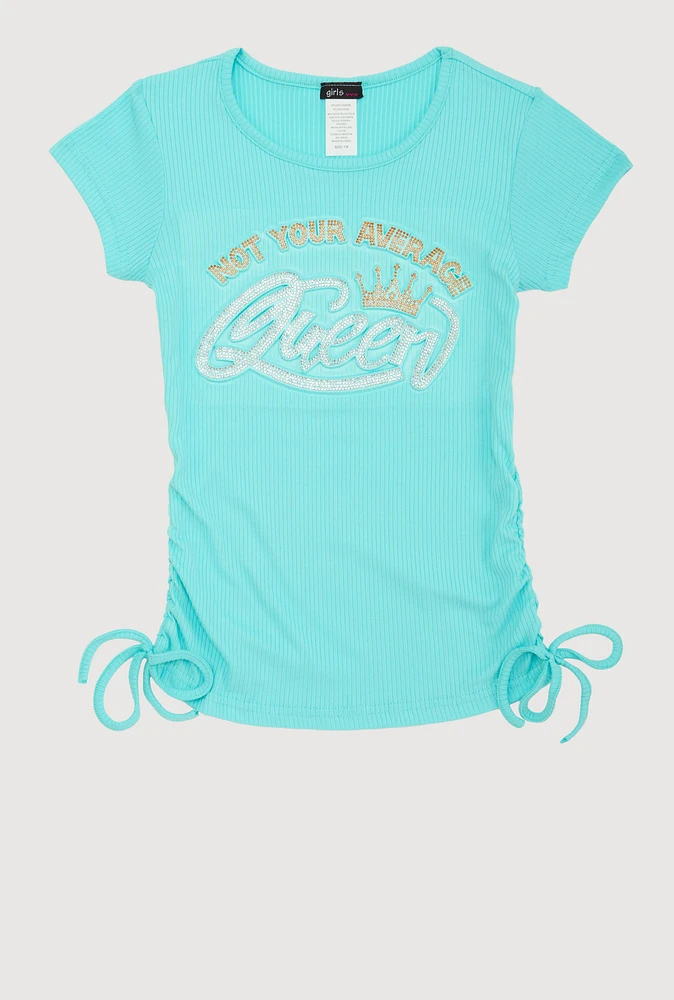Girls 3D Rhinestone Queen Graphic Top, Blue,