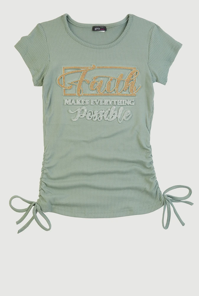 Girls 3D Rhinestone Faith Graphic Tee, Green, Size 14-16