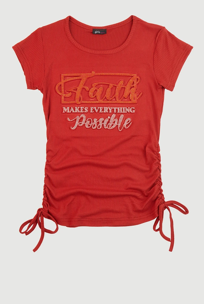 Girls 3D Rhinestone Faith Graphic Tee, Orange, Size 7-8