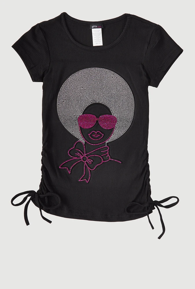 Girls 3D Rhinestone Graphic Short Sleeve Tee, Black, Size 14-16