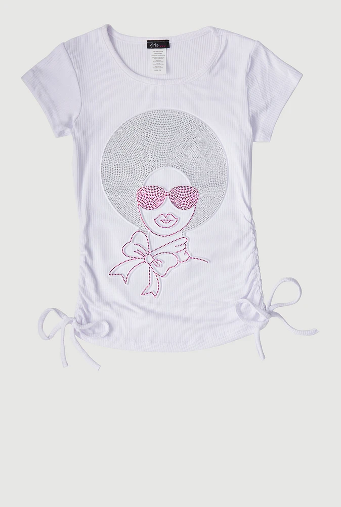 Girls 3D Rhinestone Graphic Short Sleeve Tee, White, Size 14-16