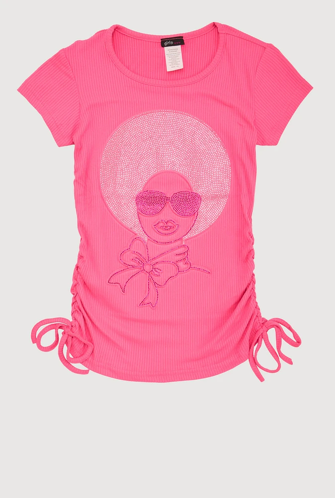 Girls 3D Rhinestone Graphic Short Sleeve Tee, Pink, Size 10-12