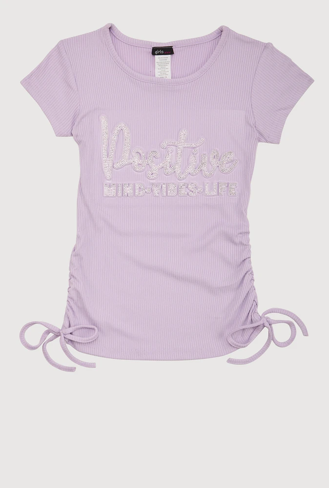 Girls 3D Rhinestone Positive Graphic Top, Purple,