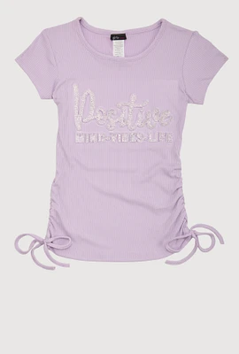 Girls 3D Rhinestone Positive Graphic Top, Purple,