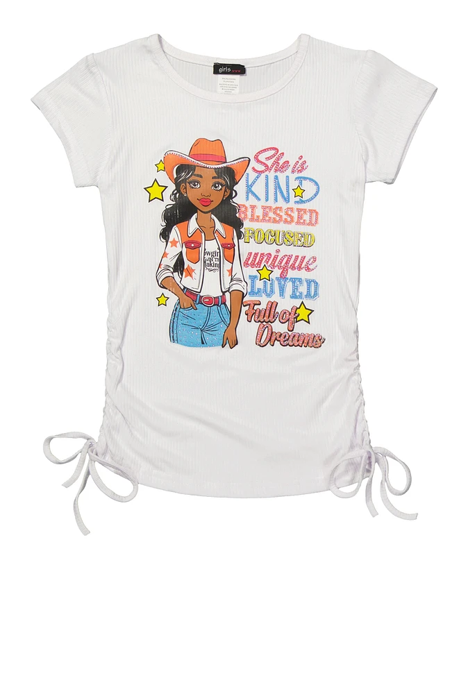 Girls She Is Kind Cowgirl Graphic Ruched Top, White, Size 10-12