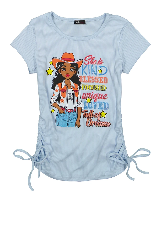 Girls She Is Kind Cowgirl Graphic Ruched Top, Blue, Size 7-8