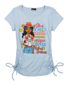 Girls She Is Kind Cowgirl Graphic Ruched Top, Blue, Size 7-8