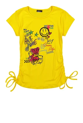 Girls Rhinestones Stay Awesome Graphic Ruched Top, Yellow, Size 10-12