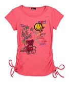 Girls Rhinestones Stay Awesome Graphic Ruched Top, Pink, Size 14-16