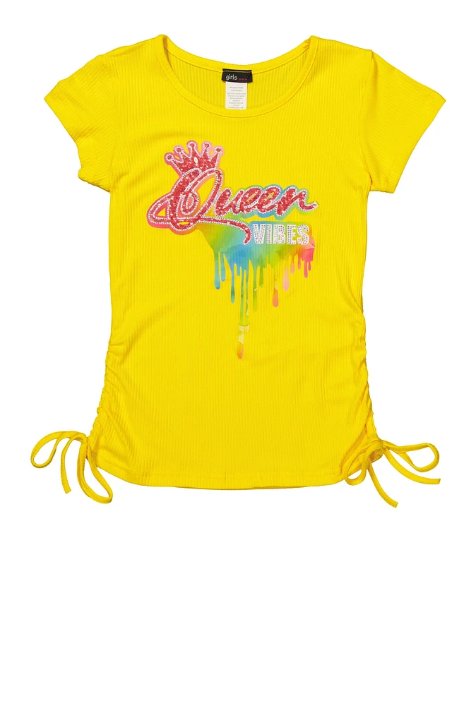 Girls Rhinestone Sequin Queen Vibes Graphic Top, Yellow,