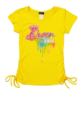 Girls Rhinestone Sequin Queen Vibes Graphic Top, Yellow,