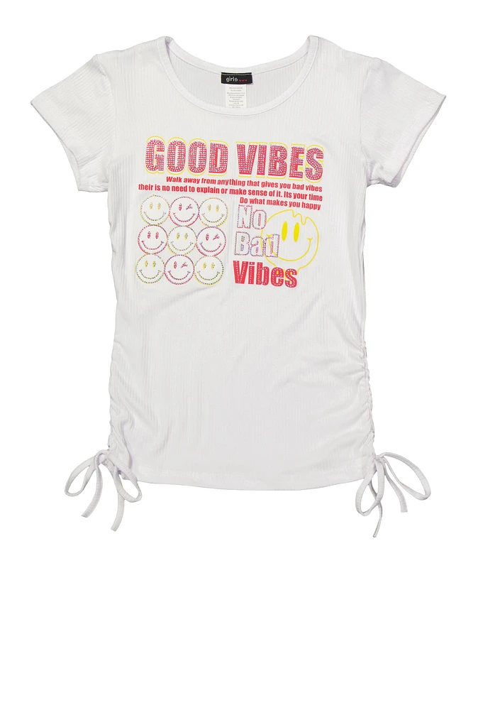 Girls Good Vibes Smiley Face Graphic Top, White, Size 7-8