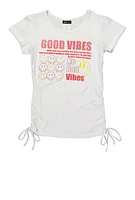 Girls Good Vibes Smiley Face Graphic Top, White, Size 7-8