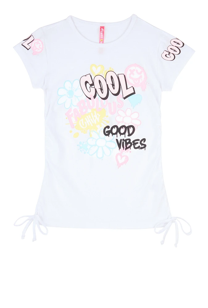 Girls Cool Graphic Ruched Side Tee, White, Size 14-16